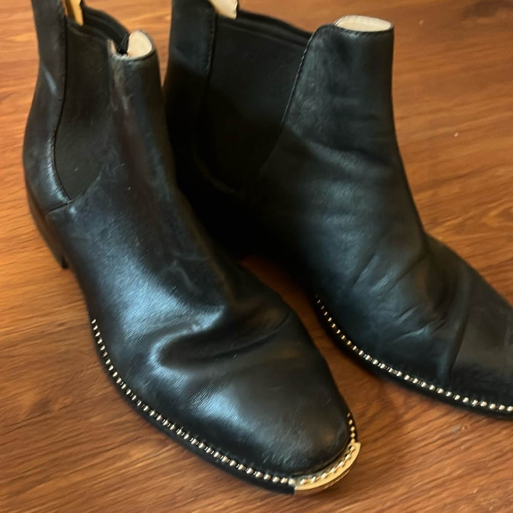 Black Leather Ankle Boots with Gold Trim Coach Flats